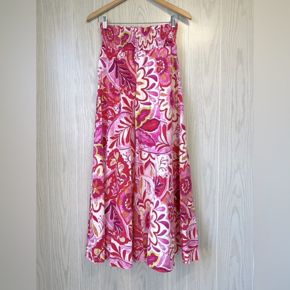 CeCe Pink Floral Wide-Leg Smocked Waist Linen-Blend Pants Size M EUC